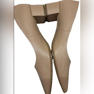 Coach Women's Waverly Nude tan pumps Leather Shoes Block Heel Gold BeadChain 8.5